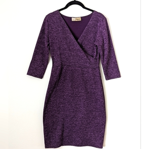 Hybrid & Co Purple 3/4 Sleeve Midi Faux Wrap‎ Dress, Small